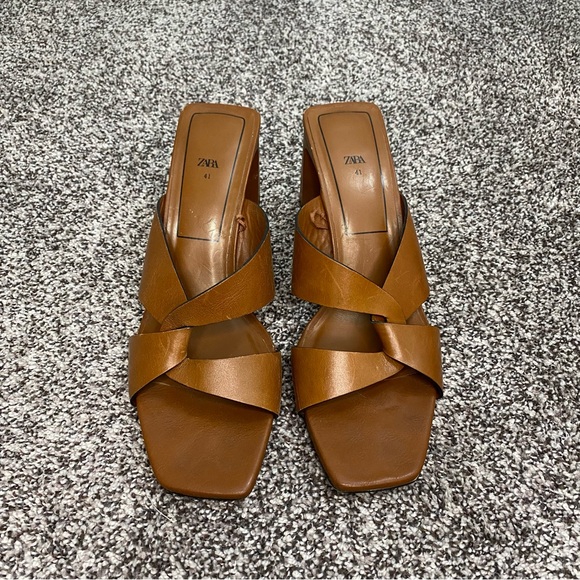 Zara Block Heel Brown Leather Sandals Chunky Woman’s Size 41 or‎ US 10 - Picture 2 of 6